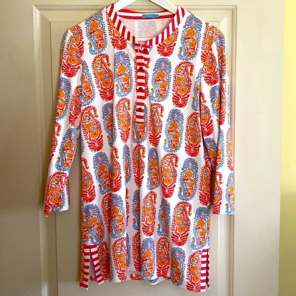 J. McLaughlin Catalina cloth Tunic Orange Blue white Print 3/4 Sleeve size LARGE - Picture 1 of 9